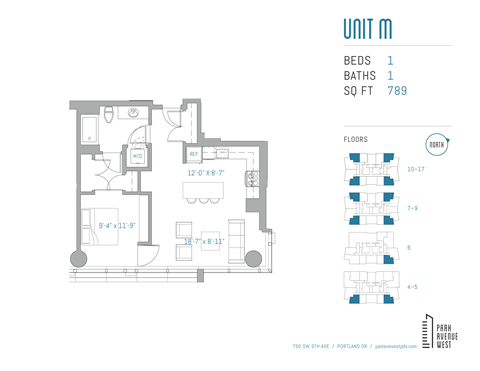Floor plan for 1 bed, 1 bath, 789 sqft